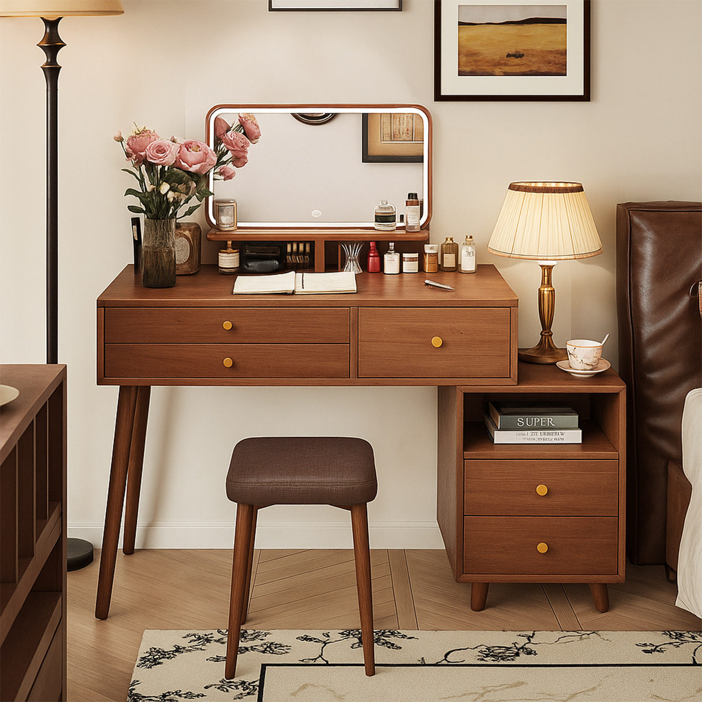 2025新款可伸缩梳妆台收纳柜一体化妆镜小型卧室床头新中式化妆桌