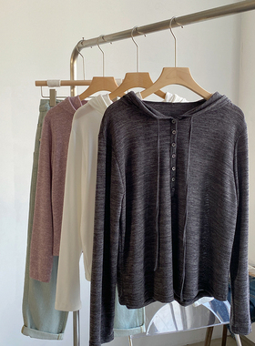 杂色纽扣连帽长袖薄款卫衣女春装新款宽松慵懒风松弛感上衣百搭潮