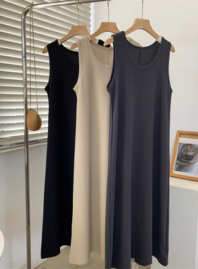 纯欲风垂感中长款连衣裙背心裙女宽松夏装新款纯色无袖打底裙睡裙