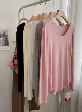 纯欲风性感大U领T莫代尔长袖T恤女宽松秋装新款舞蹈服瑜伽服垂感