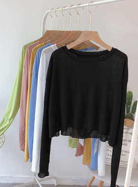 薄款透视加长袖面膜T恤女短款宽松韩版夏装开叉防晒衣空调衫上衣