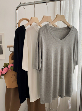 纯欲风垂感柔软柔软性感V领短袖T恤女宽松夏装基础款舞蹈服瑜伽服