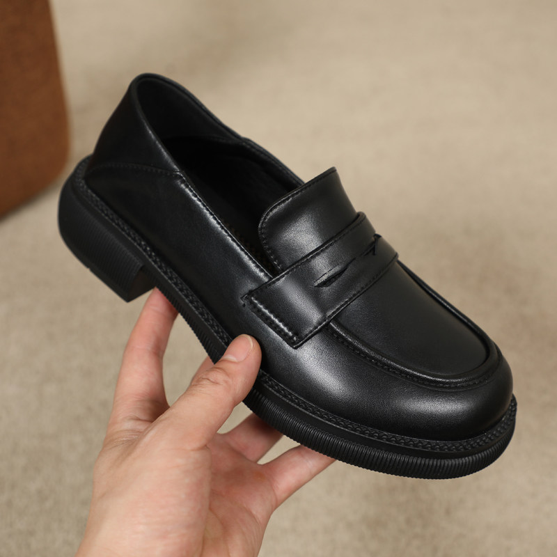 2022春秋新款真皮学院风厚底小皮鞋女百搭英伦一脚蹬乐福鞋单鞋