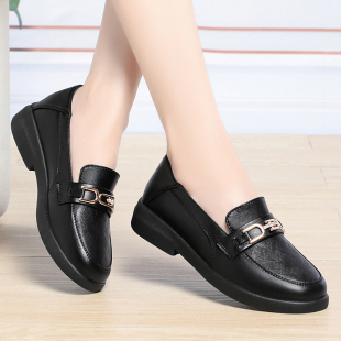 女鞋 女新款 真皮一脚蹬单鞋 休闲通勤平底妈妈鞋 女乐福鞋 法式 春秋季