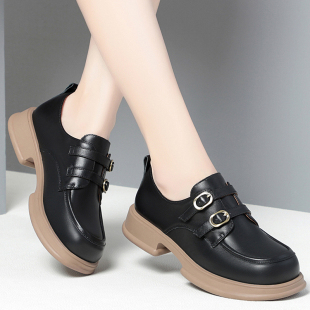 黑色小皮鞋 2023复古乐福鞋 子单鞋 厚底一脚蹬鞋 女春秋女鞋 真皮女鞋