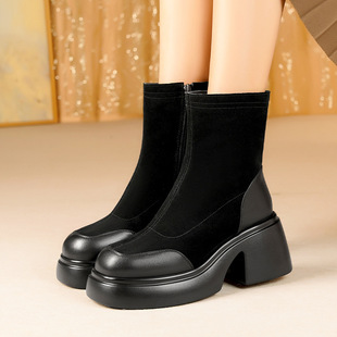 品牌女款瘦瘦靴厚底粗跟女鞋冬款羊毛靴黑色气质中筒马靴真皮棉鞋