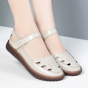 41加大43码 牛筋软底真皮妈妈凉鞋 夏天老太太凉皮鞋 老人方口洞洞鞋