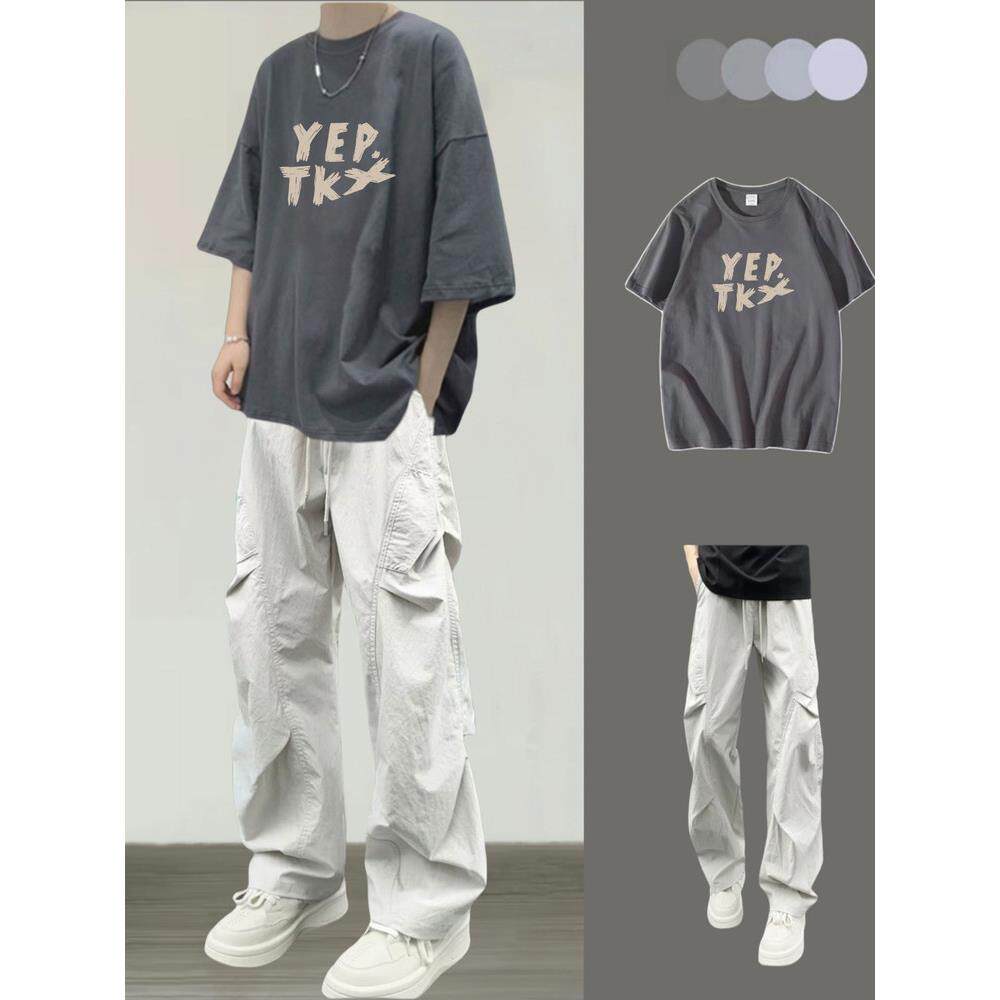 夏季t恤纯棉短袖男青少年帅气学生搭配潮流休闲套装男装新款衣服