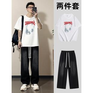 ins潮牌搭配牛仔裤 男生痞帅气穿搭夏季 高街两件套 t恤套装 纯棉短袖