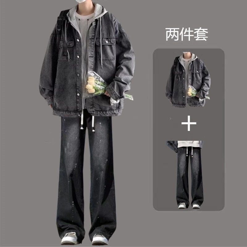 超火帅气潮流青少年长裤春秋冬牛仔外套衬衫夹克2件套炸街新款,男装,其他套装,淘宝优惠券,粉丝福利购,淘宝优惠卷
