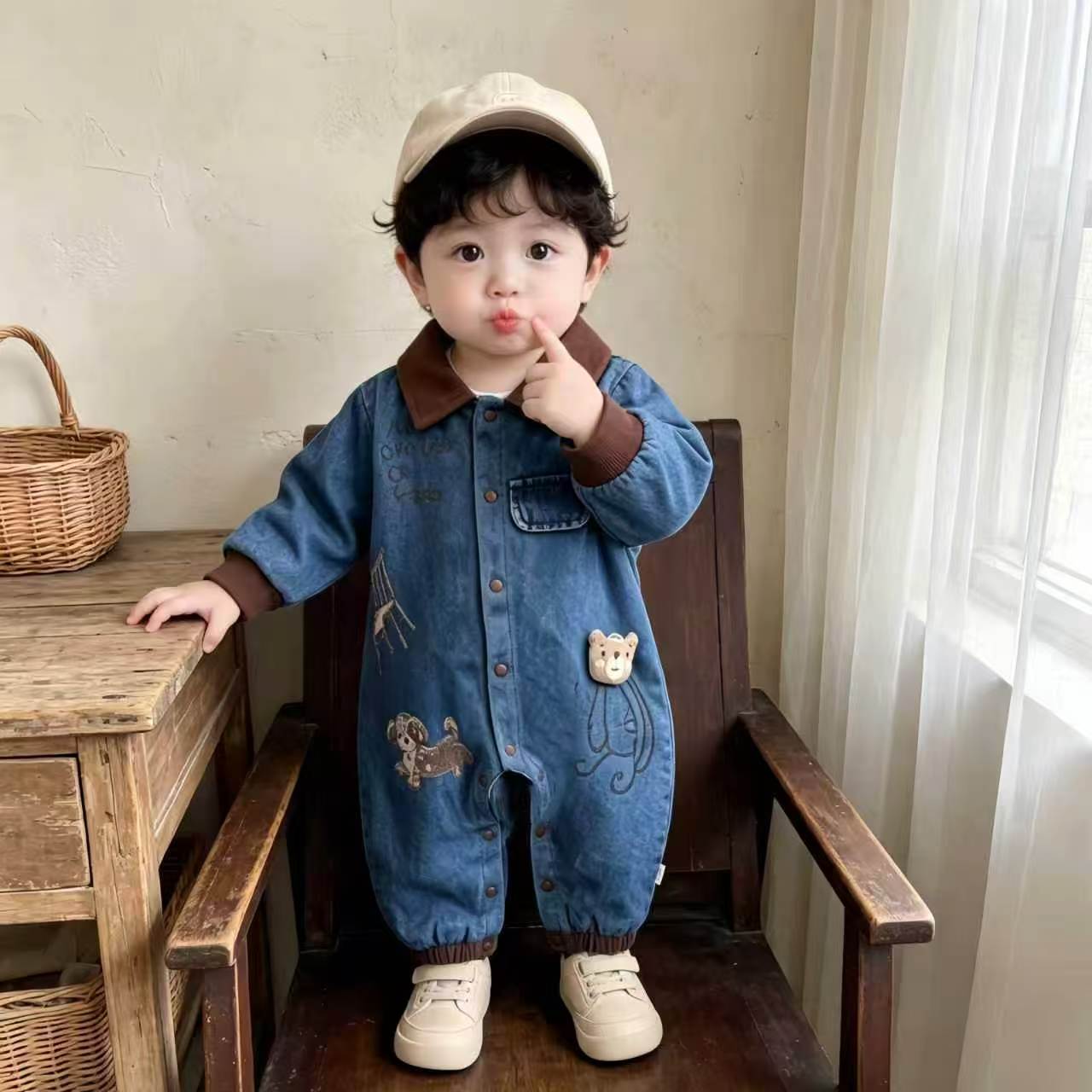 婴儿春秋新款卡通翻领牛仔长袖连连身衣/爬服/哈衣