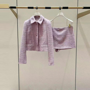 C3秋香芋紫定织金属丝线粗花呢水晶钻扣短外套短裙裤 罗马高定 套装