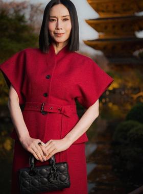 C4优雅高定红色绵羊毛混纺毛圈花式线面料立体收腰短袖半裙套装