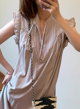 btbstudio 北欧慢时尚 减龄淡淡紫法式蕾丝刺绣小飞袖中长连衣裙