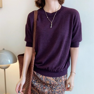 btbstudio 早秋过渡BiellaYarm超细美丽奴羊毛logo刺绣中袖针织衫