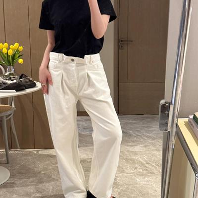 btbstudio 别致随性无性别风 褶裥腰设计感宽松直筒白色牛仔裤