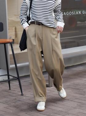 btbstudio 23秋冬新品 斜纹精纺羊毛带内衬翻边松紧腰直筒裤