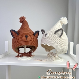 木然良品冬季新款男女宝宝婴儿童可爱狮子尖尖精灵毛线套头帽子