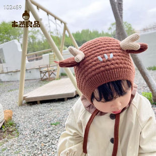 包邮木然良品冬季新男女宝宝婴儿童柔软双层护耳龙年大吉毛线帽子