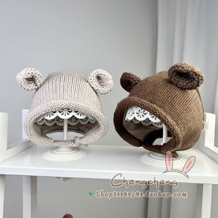 包邮木然良品冬季新男女宝宝婴儿童立体熊耳卷边护耳可爱毛线帽子
