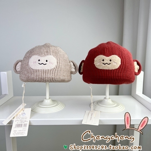 木然良品冬季新款男女宝宝婴儿童可爱文艺猴子双层套头小圆平帽子