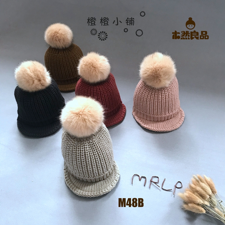 包邮木然良品冬男女宝宝儿童文艺洋气大毛球短檐护耳毛线马术帽子