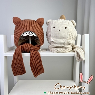 木然良品冬季新男女宝宝婴儿童保暖文艺可爱动物连脖帽子围巾一体