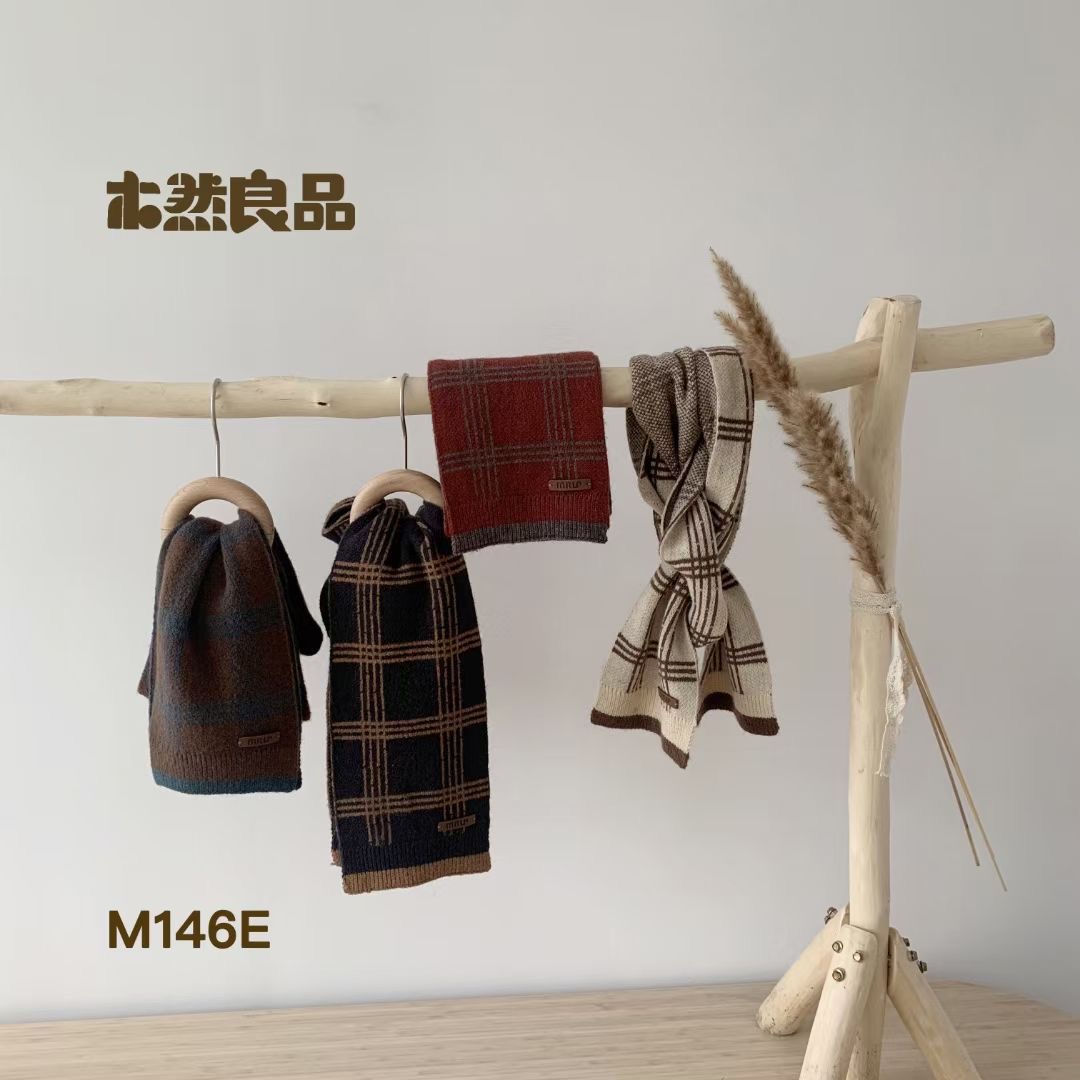 包邮木然良品冬季新款男女宝宝婴儿童双色格格子百搭文艺毛线围巾