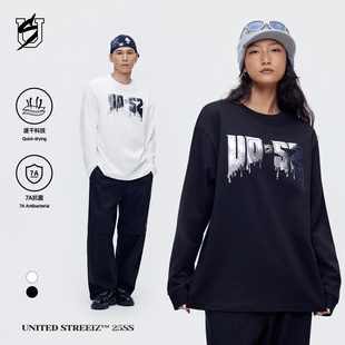 US联邦街牌液态金属T恤秋冬原创美式 上衣 嘻哈涂鸦印花街舞长袖