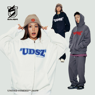 复古运动嘻哈街舞潮牌情侣外套 美式 US联邦街牌 刺绣连帽拉链卫衣
