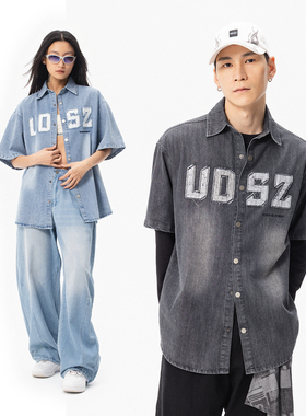 US联邦街牌贴布绣牛仔衬衫水洗做旧美式嘻哈街舞oversize短袖上衣