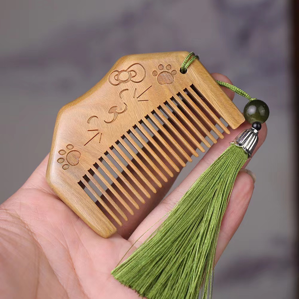 天然绿檀木梳子小梳子便携按摩经络包包梳可爱猫咪迷你小儿童梳子
