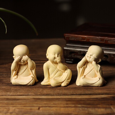 小叶黄杨木三不和尚手把件实木雕刻汽车摆件佛像桌面摆件生日礼品