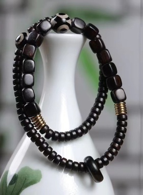 正宗黑檀木方块双圈手链暗色系复古文玩手串佛珠念珠跑环款紫光檀