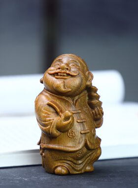 绿檀木雕刻实木实心手把件神像装饰工艺品人物摆件财神小财主地主