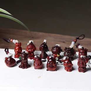 小叶紫檀木雕十二生肖汽车钥匙扣鼠牛虎兔龙猴鸡狗猪包包手机挂件