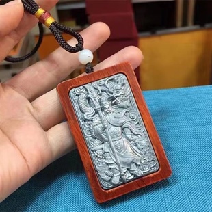 小叶紫檀无事牌镶嵌关公关云长吊坠关二爷牌子腰牌关公手把件挂件