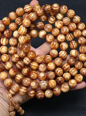 琥珀木东北沉香满油全透松明子明丁手串瘤疤火烈纹手串男原木佛珠