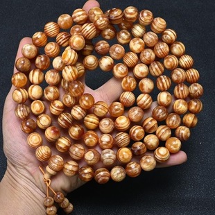 琥珀木东北沉香满油全透松明子明丁手串瘤疤火烈纹手串男原木佛珠