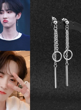 原宿耳环男 乐华七子黄新淳同款圆环流苏拼搭耳钉女个性朋克耳夹