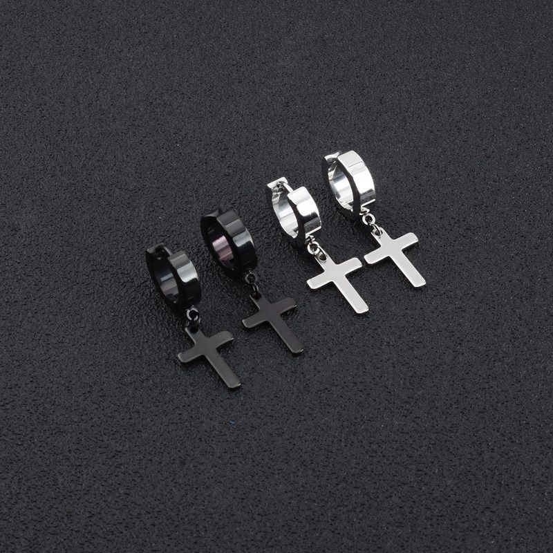 经典十字架耳环盐酷女生简约宽面耳扣耳夹男士嘻哈黑色耳坠耳环钉