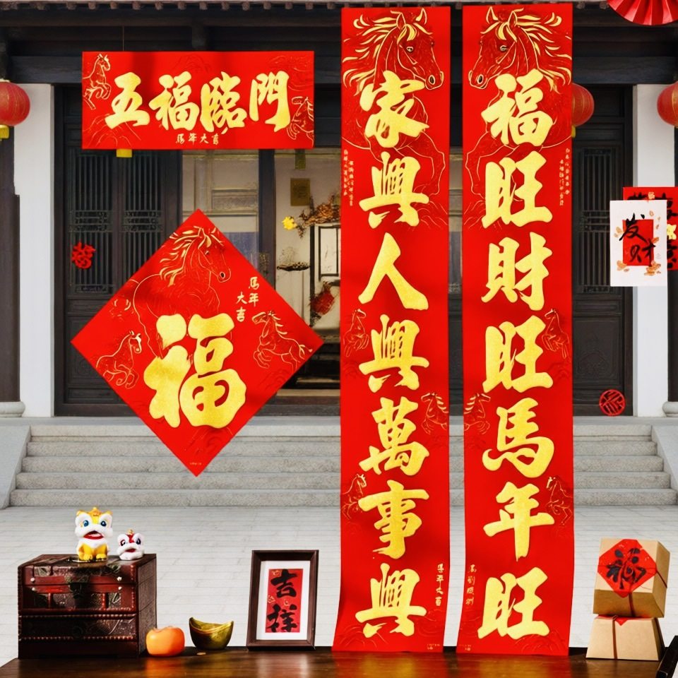 2026春联年货马年生肖绒布全背胶烫红金新年对联大门福字门贴