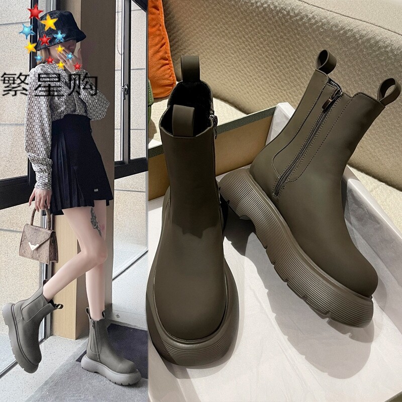 松糕厚底短靴女2021秋季新款圆头侧拉链复古英伦风中筒靴马丁靴女