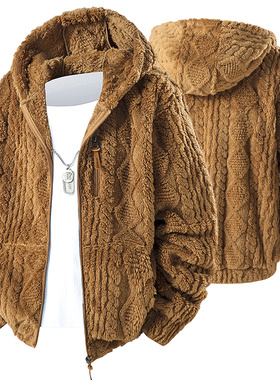 25626跨境专供欧码秋冬新款连帽摇粒绒拉链外套男加绒棉衣夹克韩