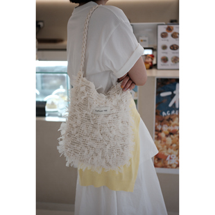 春夏杏色流苏纱百搭女生单肩包hobo大水桶包大容量包包