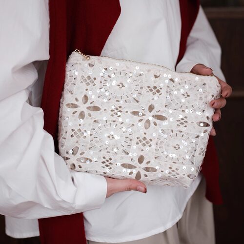 质感亮片白蕾丝化妆包收纳包秋冬时尚百搭女生大容量小众手拿包包