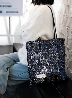 亮片蓝色小香时尚百搭女生单肩包帆布包大容量小众秋冬巨好看通勤
