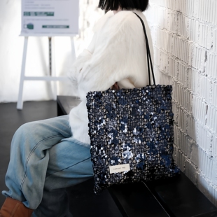 亮片蓝色时尚 百搭女生单肩包帆布包大容量小设计轻奢巨好看通勤