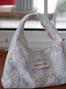 白色唯美蕾丝牛仔手拎小hobo时尚水桶包帆布包遛弯包精致亮片单肩