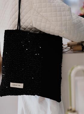 黑色亮片时尚百搭女包单肩包帆布包大容量小众包包高级感通勤新款